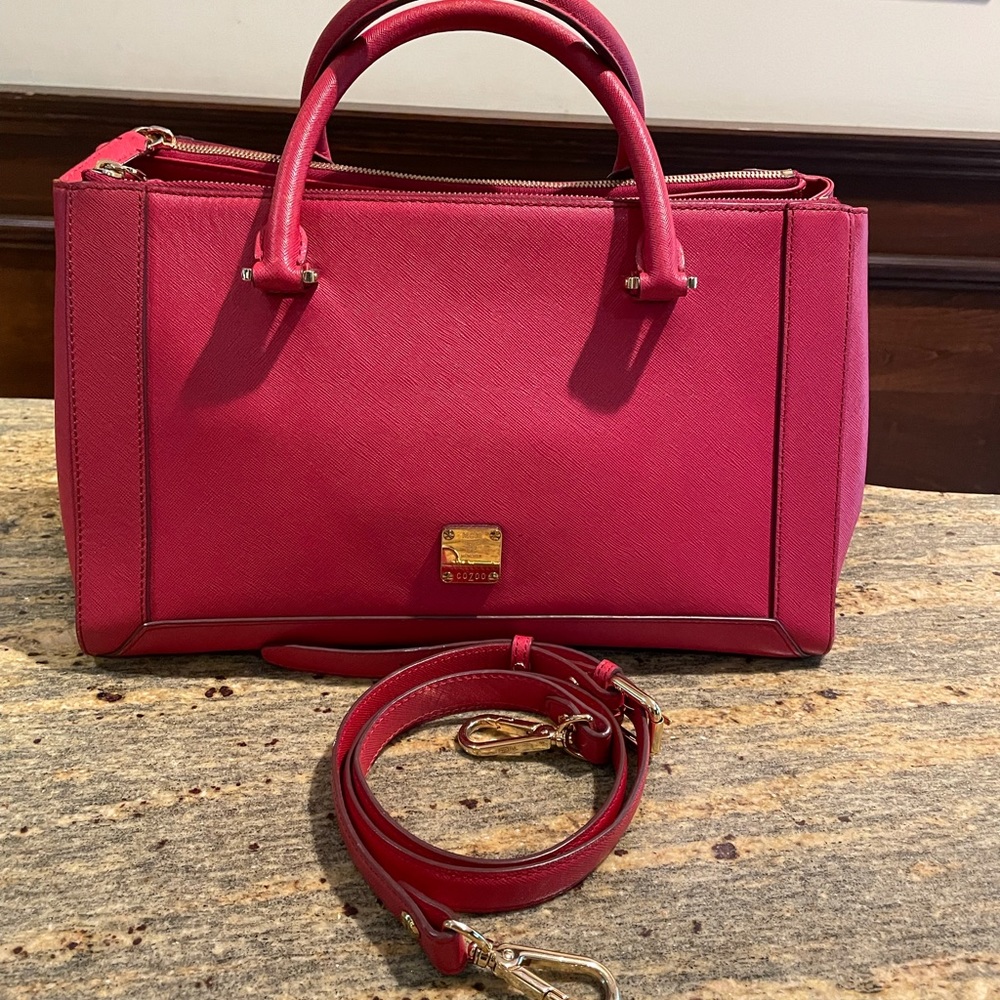 MCM Red Saffiano Satchel with Strap